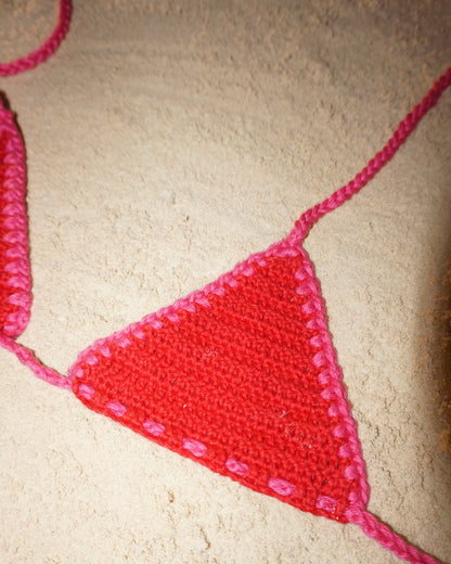 Layia crochet bikini top in Sangria close up